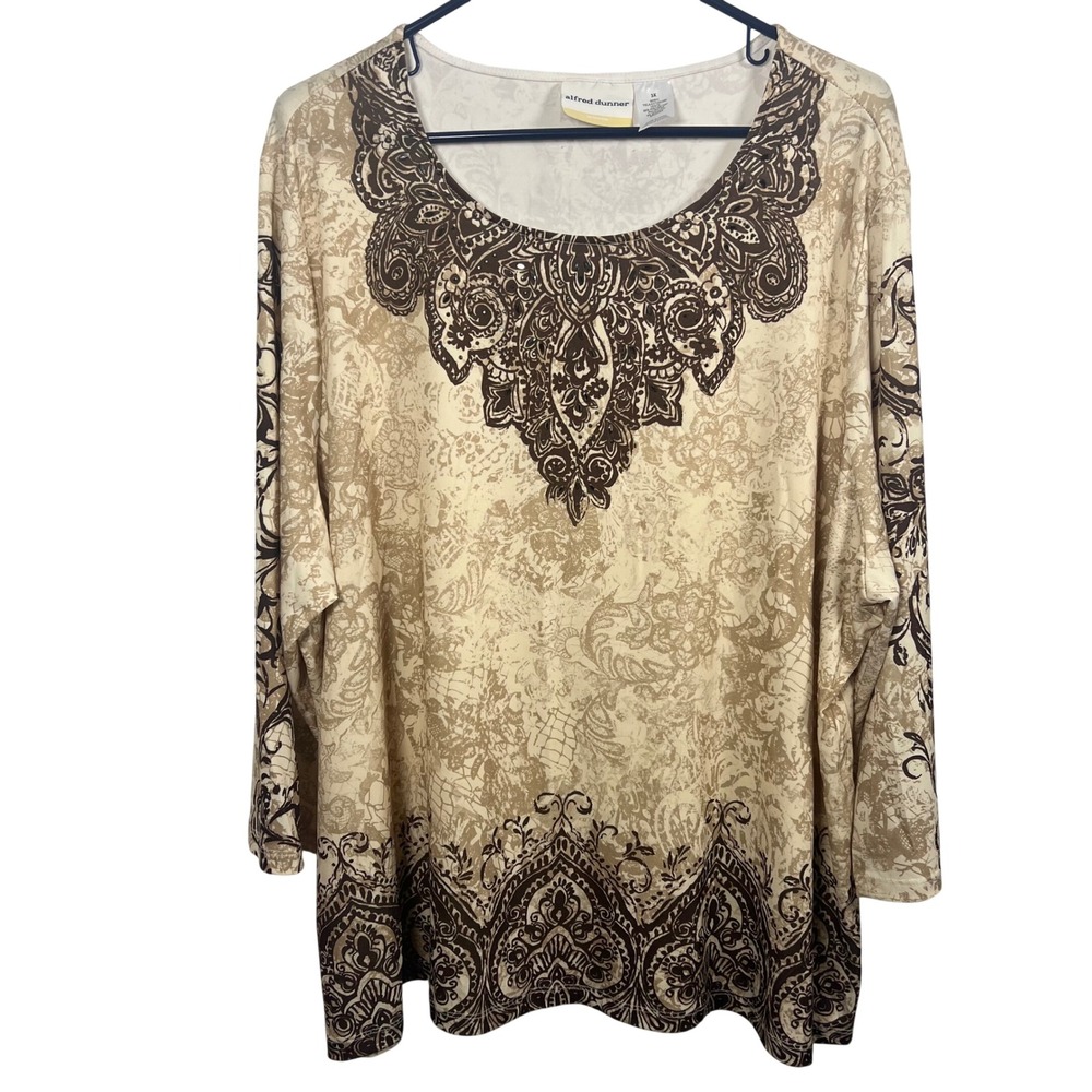 Alfred Dunner Woman 3X Top Tan Brown Paisley Embellished 3/4 Sleeve Tunic Boho